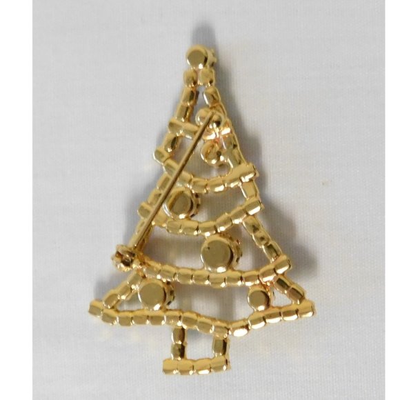Christmas Vintage Open Tree Pin Brooch Green Red Crystal Prong Set Rhinestones - Picture 4 of 4